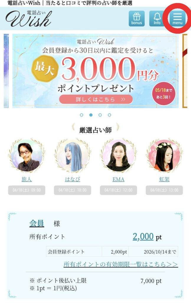 電話占いウィッシュメニュー選択